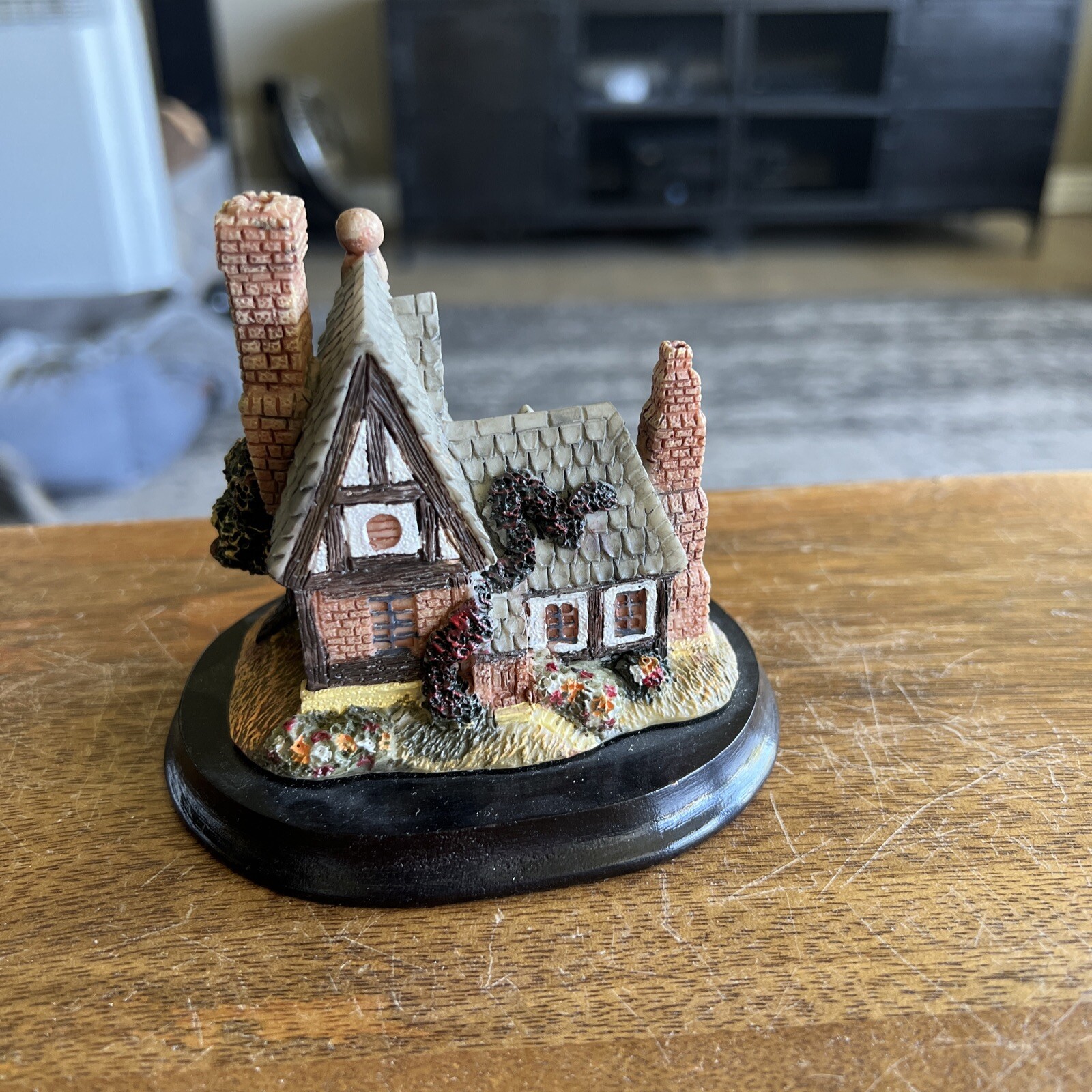 English Tudor Style Cottage House Collectible Resin Figurine on Wood base