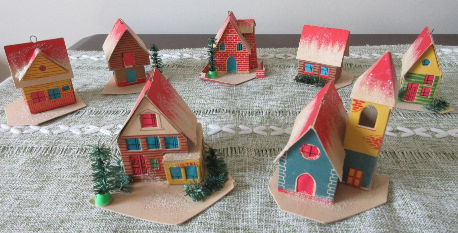7 Vintage Paper Christmas Village Buildings – Church & Hotel – Exc Cond & Colors