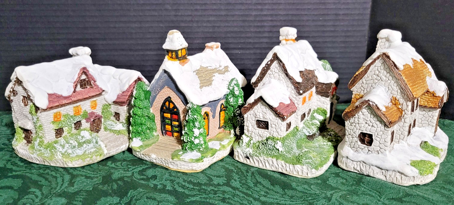 4 Vintage Hand Painted Plaster Snow Houses -TAIWAN -4″high StartYour own village