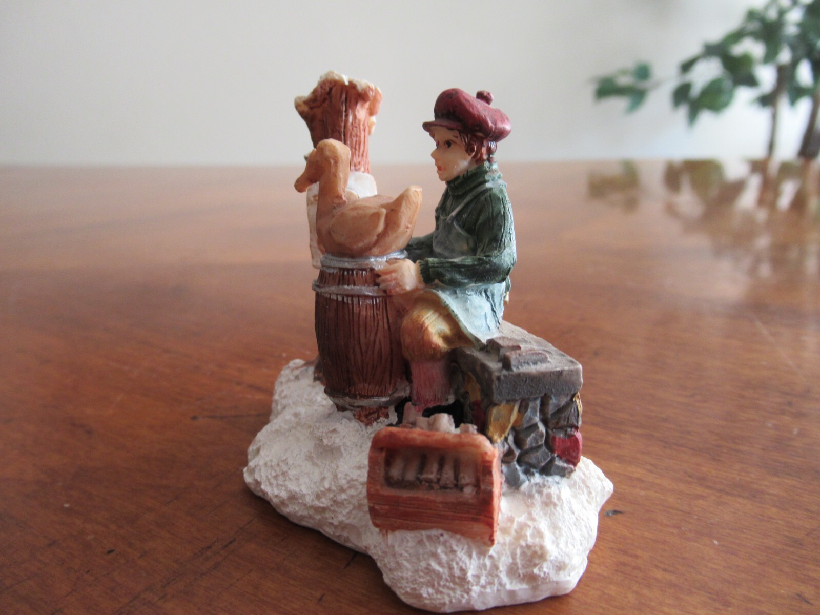 Christmas Village Figurine Resin Man Boy Carving Wooden Duck Barrel Stump 2.4″