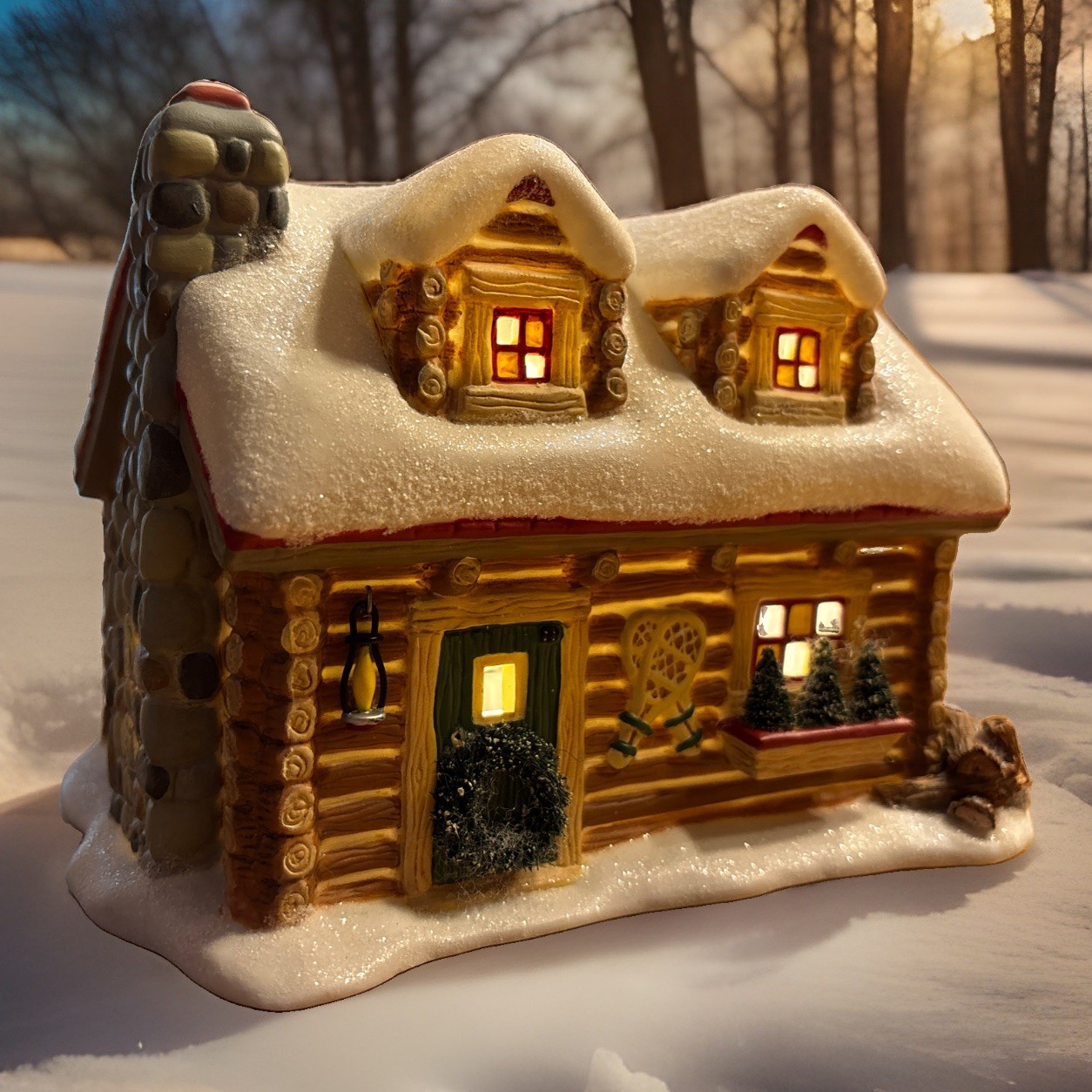Dept 56 Simple Traditions Pine Isles Rustic “Snowshoe Cabin” Box & Light Mint