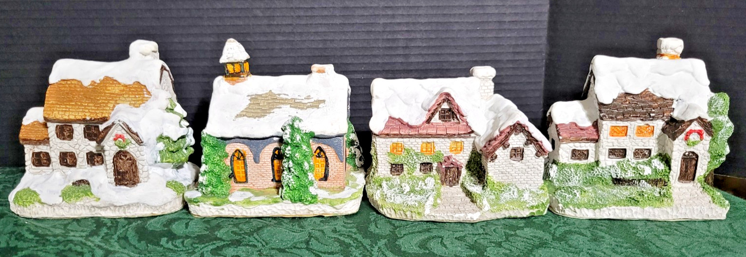 4 Vintage Hand Painted Plaster Snow Houses -TAIWAN -4″high StartYour own village