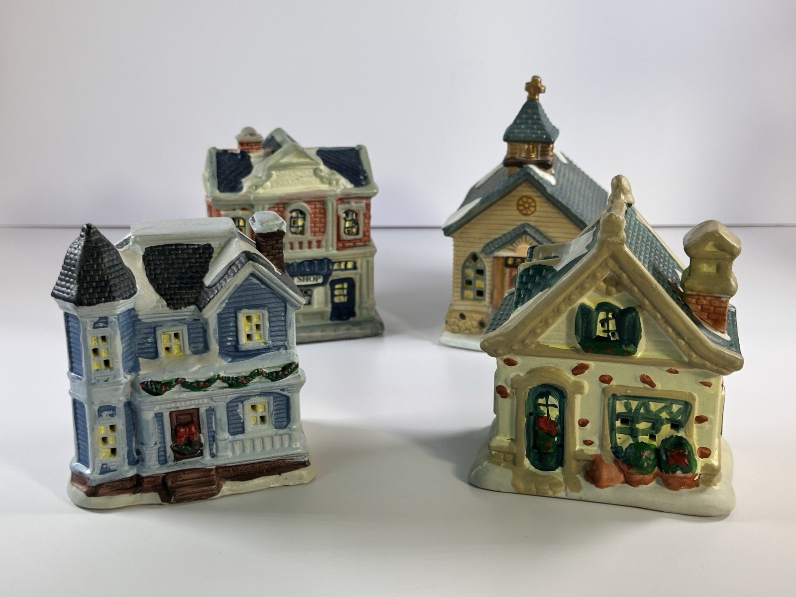 Vintage Set 4 Christmas Village Porcelain Church, Cottage, Gift Shop, Victorian