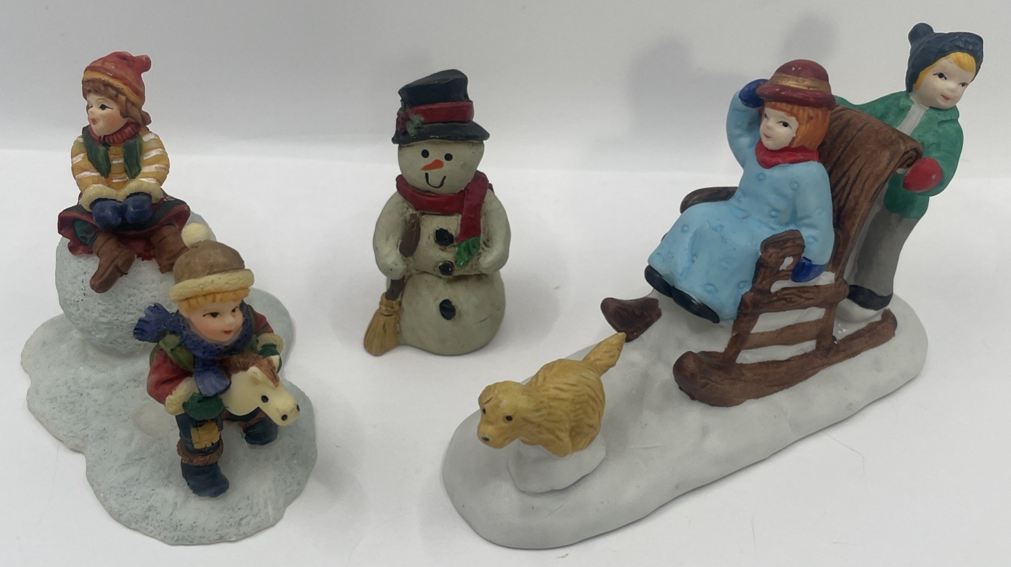 Christmas Village 3 Figurines – Children Playing, Dog, Snowman