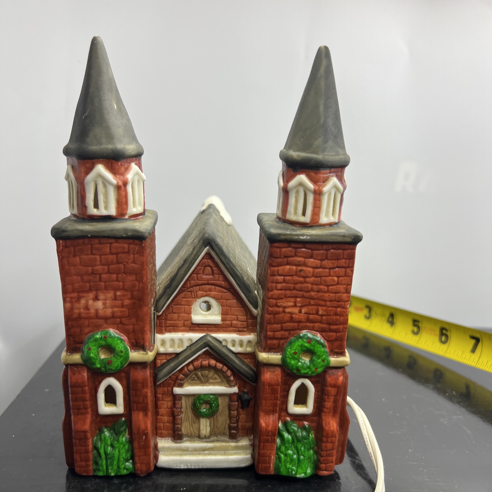 Vintage Two Tower Red Brick Church Christmas Village House 7 1/2 tall 5 across