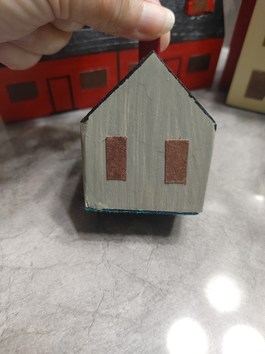 Primitive Folk Art Wood Block Village Houses Set Of 7 Handmade Painted Buildings
