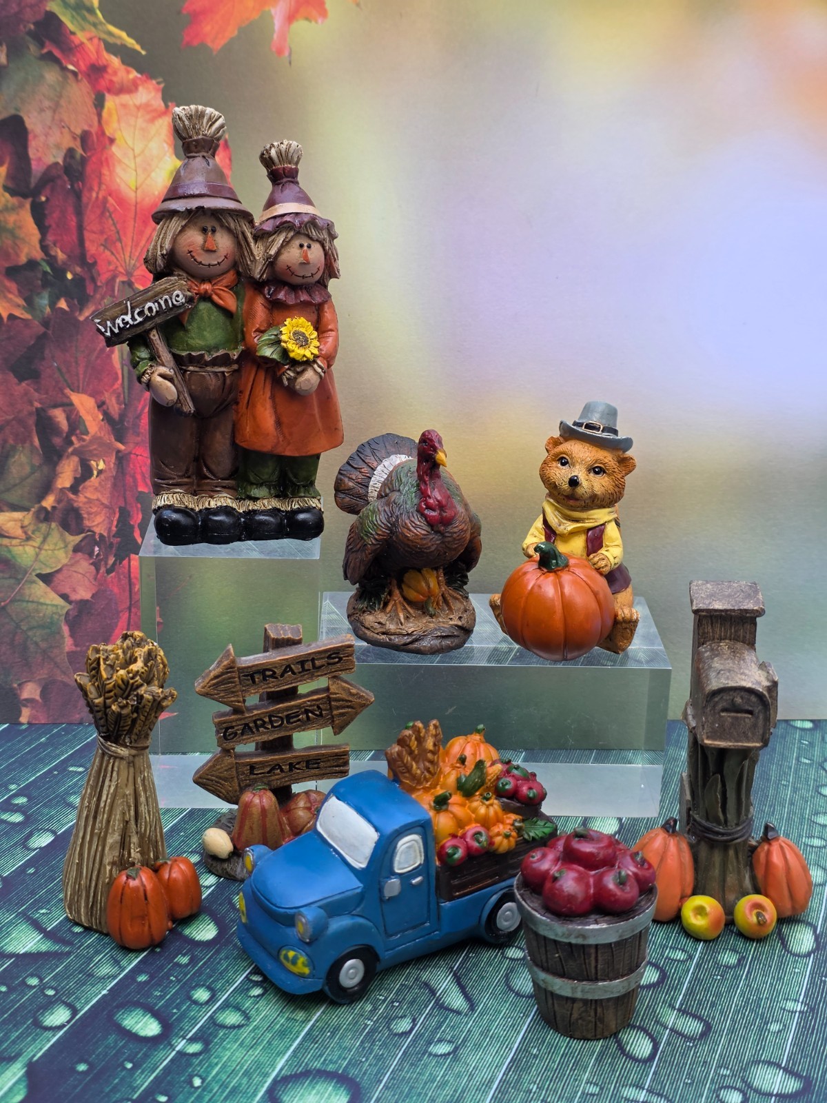 LOT OF 8 VINTAGE FALL THANKSGIVING VILLAGE FIGURINES FIGURES TRUCK TURKEY FOX