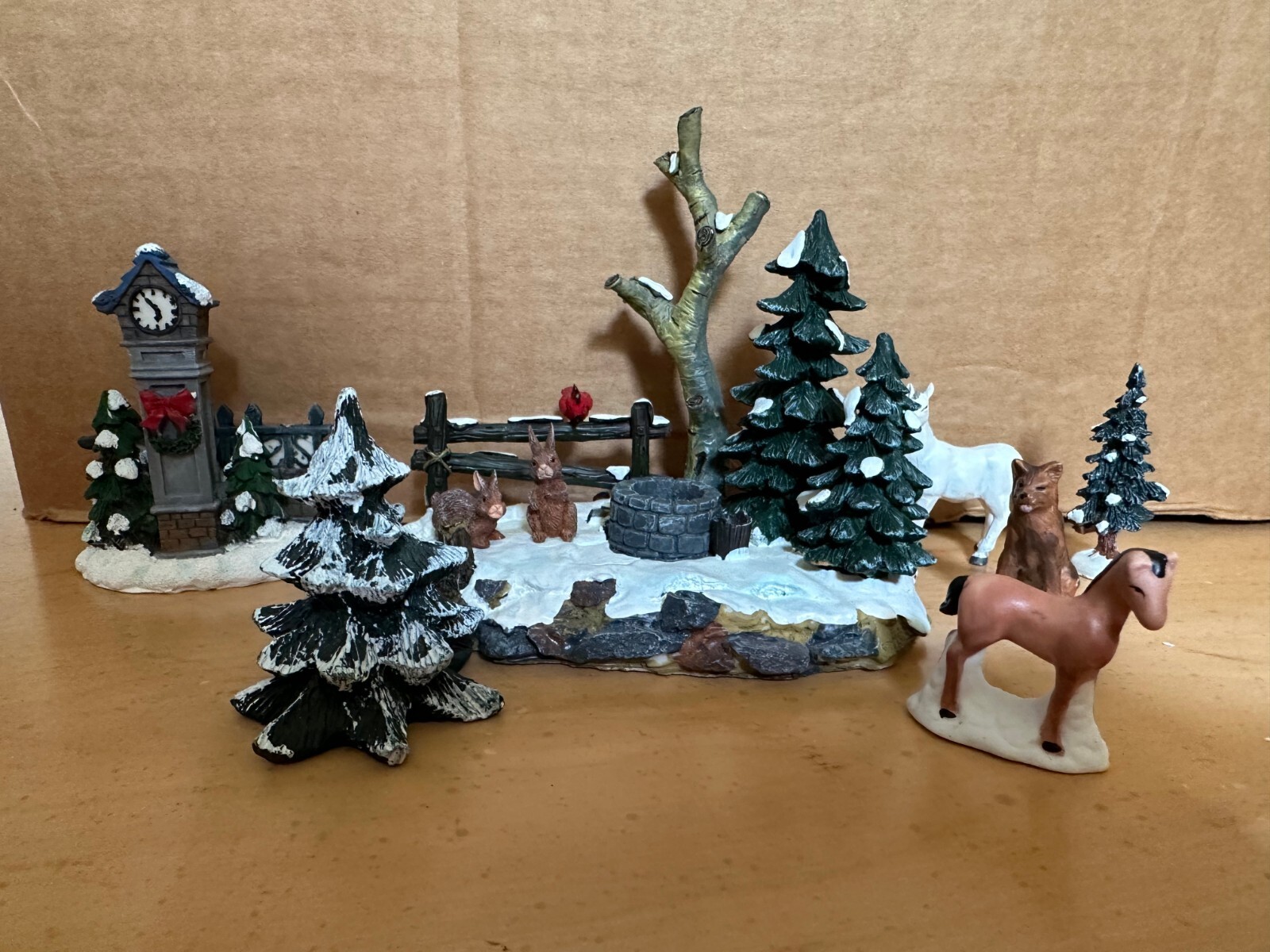 Lemax 2001 Village Landscape Collection Curious Bunnies Many Extras Clock, Trees
