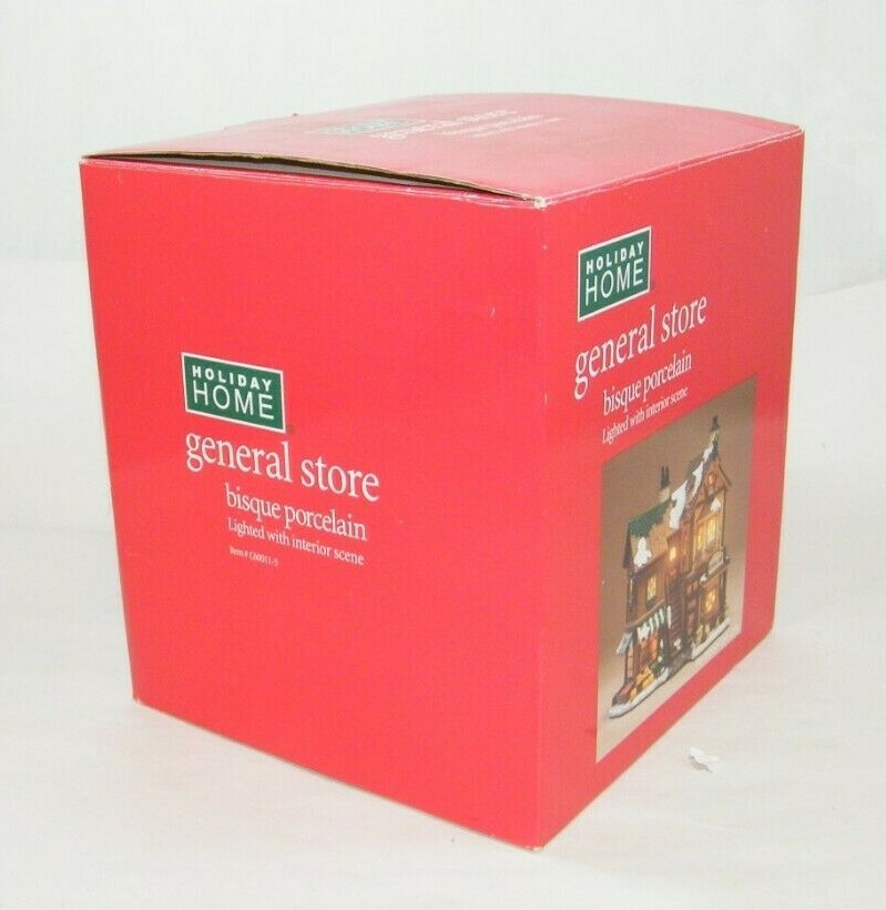 HOLIDAY HOME GENERAL STORE BISQUE PORCELAIN LIGHTED INTERIOR SCENE CHRISTMAS