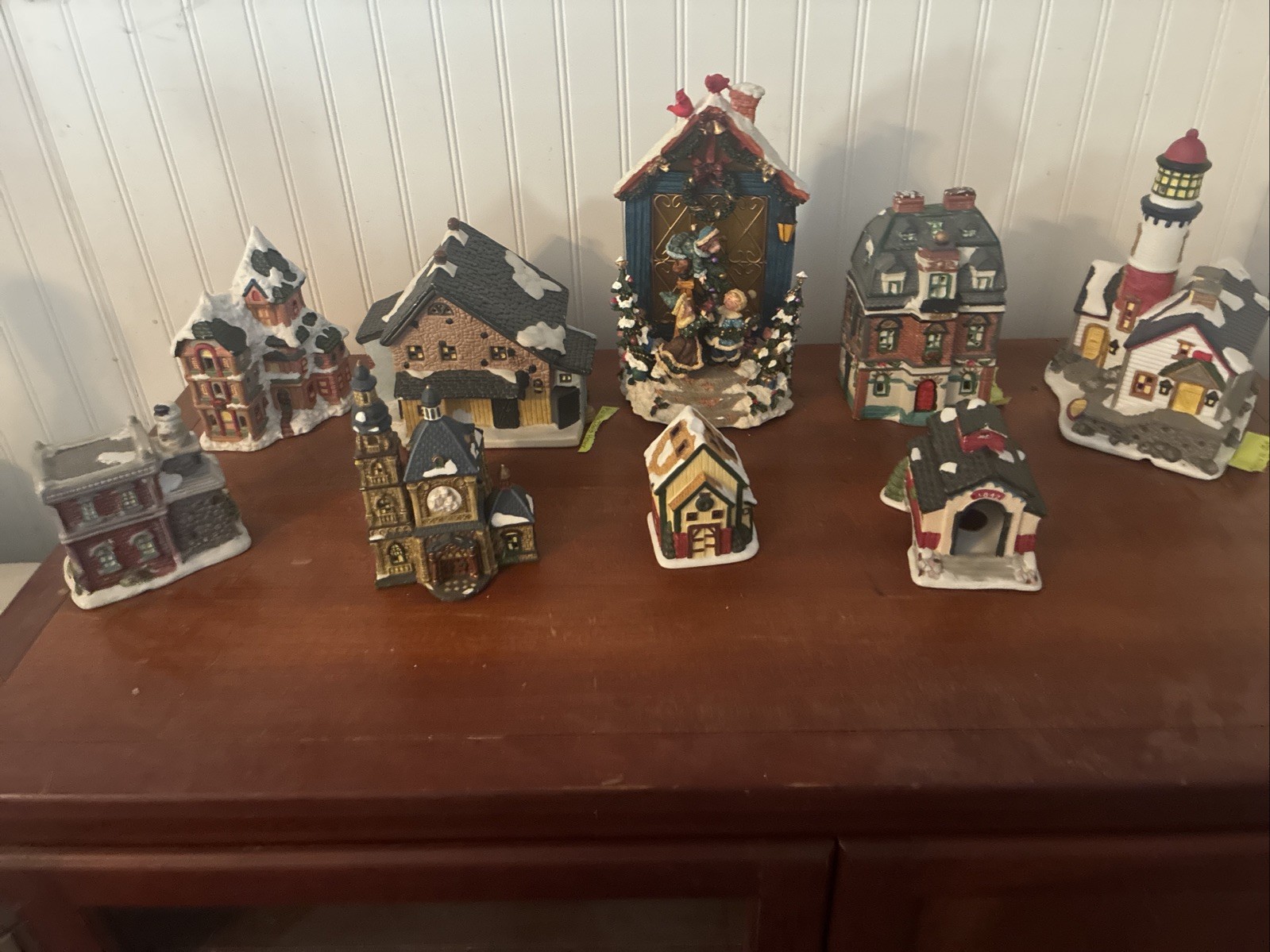 Vintage Christmas Village 9 Pieces One Light Up Music Box Scene
