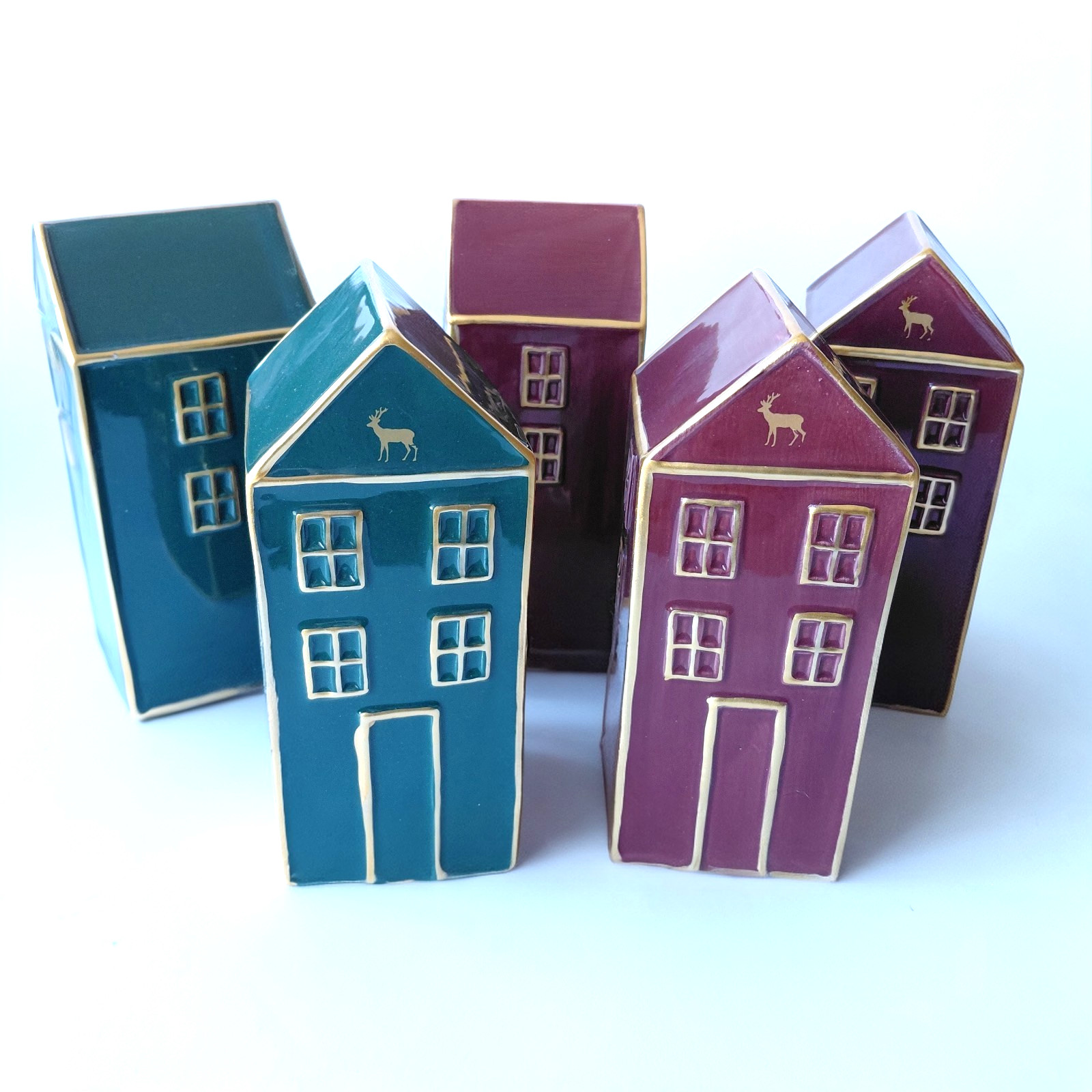 Ceramic Houses Holiday Christmas Decor Minimalist Green Burgundy 6″ Lot of 5